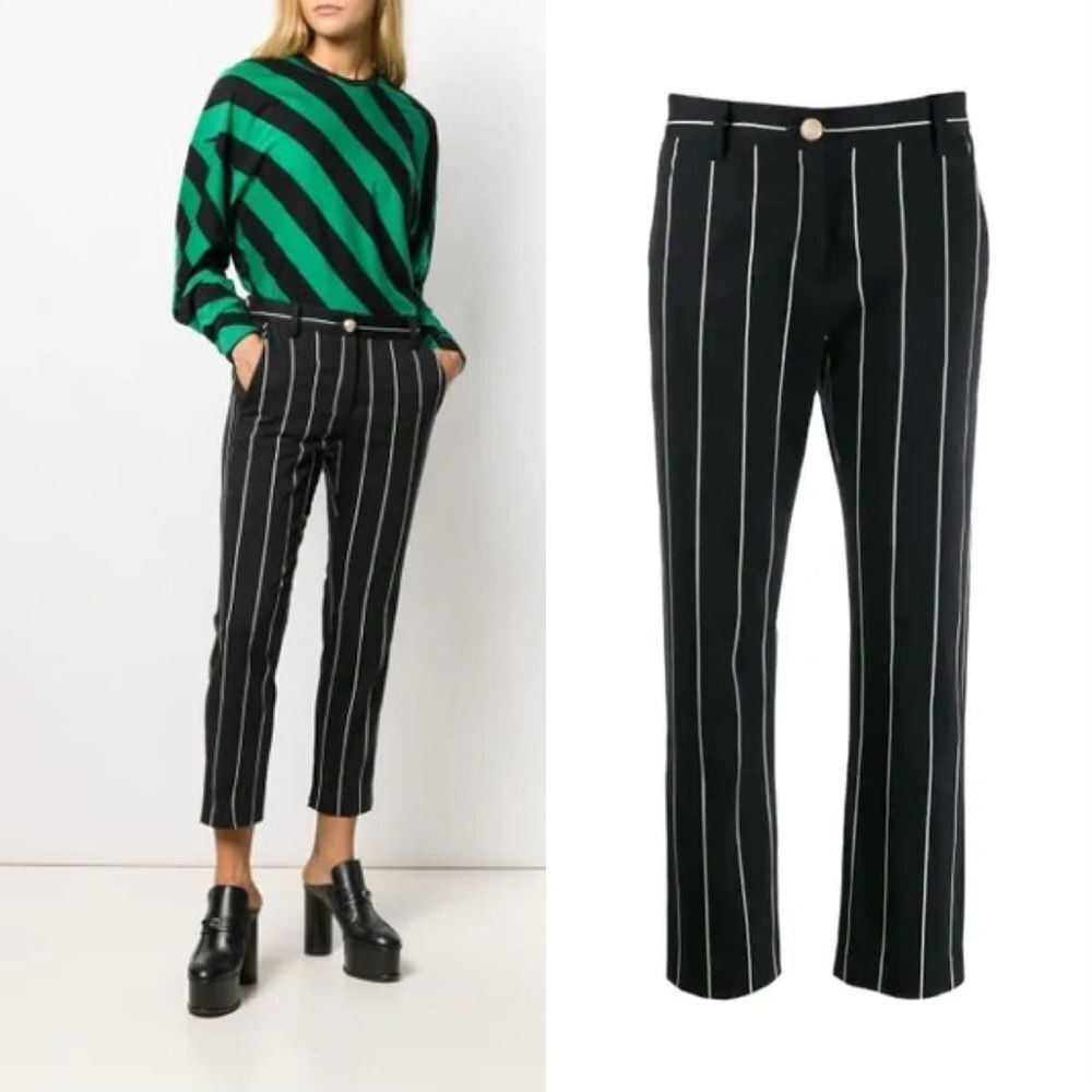 DEREK LAM 10 CROSBY Cropped Striped Straight Leg Trouser In Black White